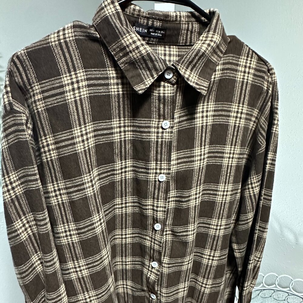 SHEIN Brown/Tan Button Down Oversized Plaid Flannel